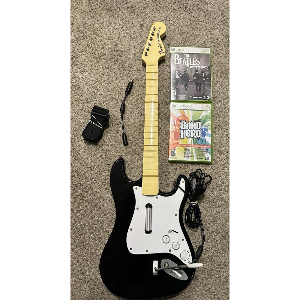 Rock Band Xbox 360 Wired Guitar Bundle w/ 2 Games Tested RockBand Fast Shipping